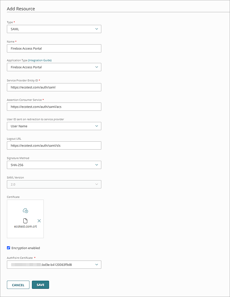 Screen shot of the SAML resource settings